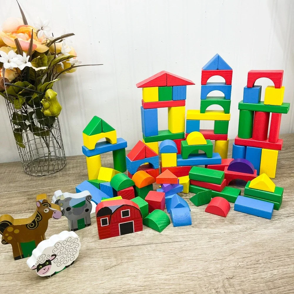 Wooden Building Blocks Farm Set Barn Animals Horse Sheep Goat 80+ Pieces Kids